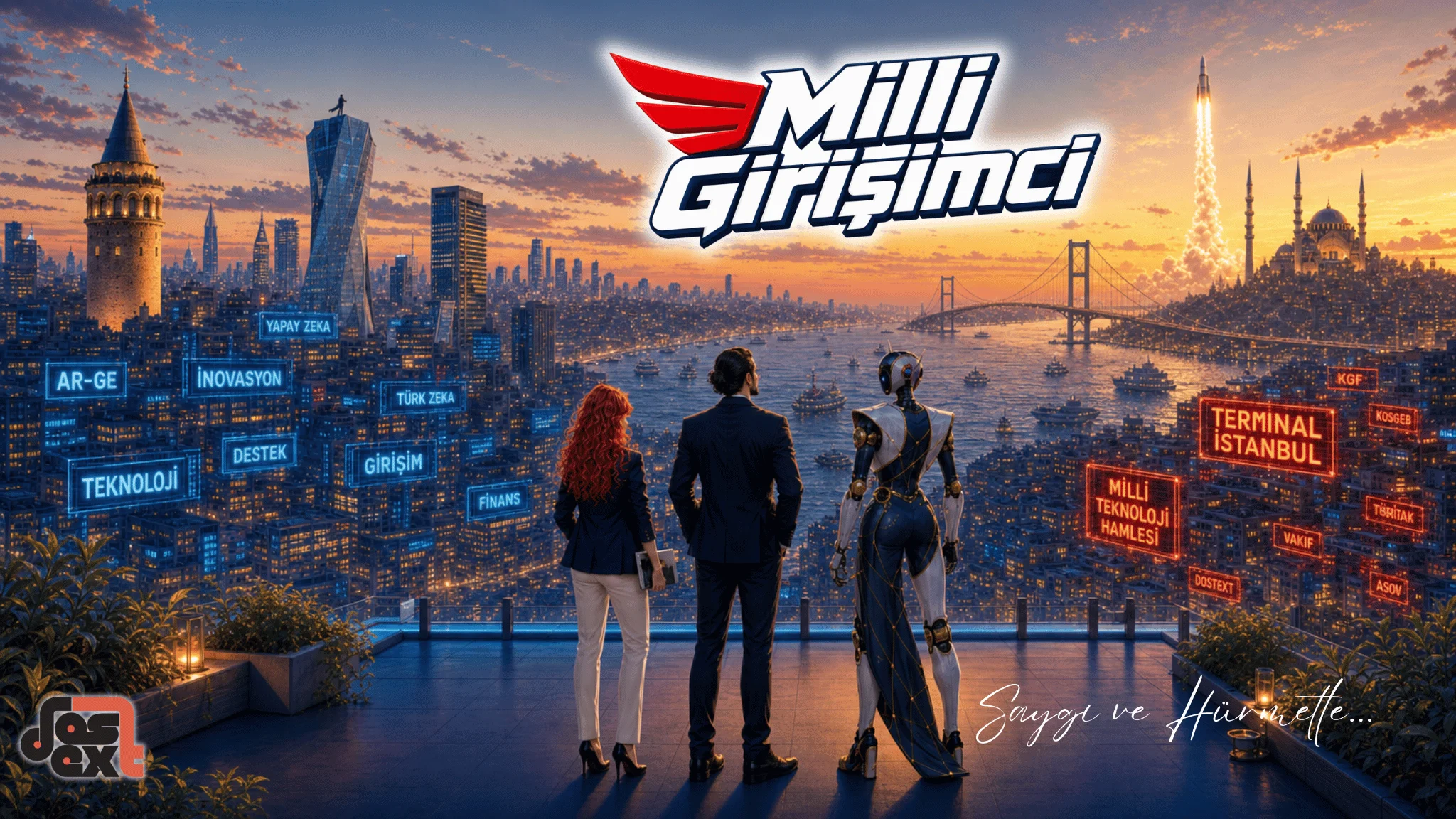 Dostext Yazılım Milli Girişimci — İstanbul girişimci simülasyonu kapak görseli, Terminal İstanbul neon şehir estetiği